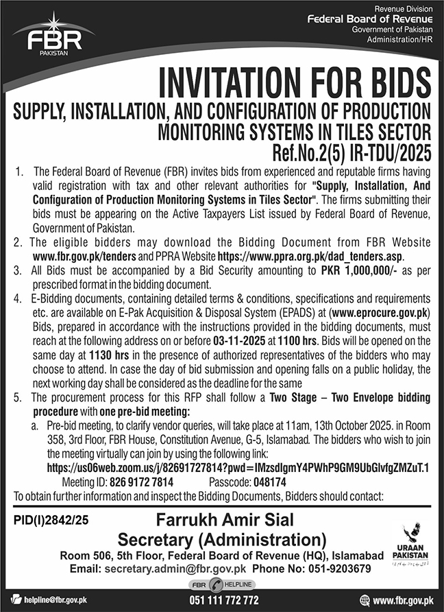 Federal Board of Revenue Tender Notice